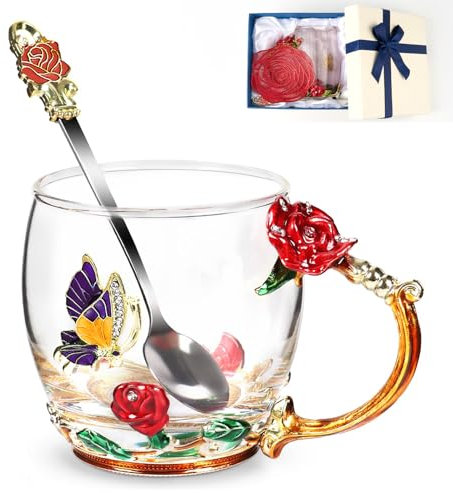 Flower Tea Cup ,Butterfly Rose Clear Glass Fancy Coffee Mug with Spoon,Gift Box for Her Mom Wife Grandma Girls Friends Valentines Christmas Birthday Present Idea for Juice,Hot And Cold Drinks Use