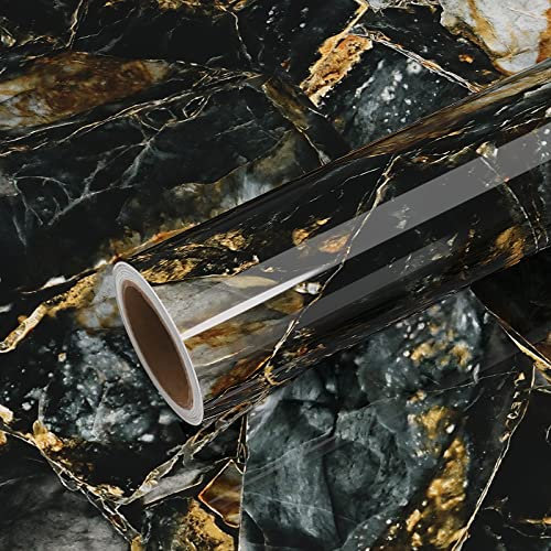 VEELIKE Carta da Parati Marmo Nero Oro 81 cm x 300 cm Carta Adesiva Effetto Marmo Nera Dorata Lucida Pellicola Adesiva Cucina Impermeabile Carta da Parati Adesiva Muro Camera da Letto Soggiorno Bagno