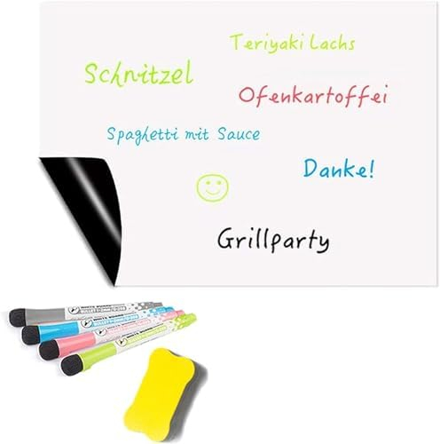 Magnetisches Whiteboard Folie für Kühlschrank Essensplaner Einkaufsliste A3 Magnetfolie Kühlschrank Planer Selbstklebend Weiß abwischbar 43x30 cm mit 4 Marker