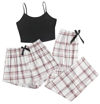 GORGLITTER Damen Schlafanzug 3er Set Cami Schlafanzug Plaid Pajamas Set Nachtwäsche Schlafhose Kariert Schlafanzüge Hausanzug Schwarz und Rosa M
