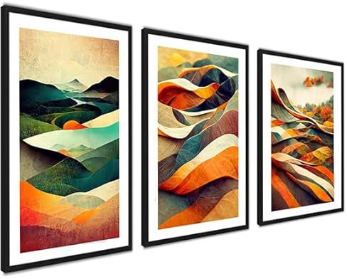 ag.art deco® Herbst Poster Set 50x70cm | 3set Bilder mit Schwarz Rahmen | Abstrakte Herbstlandschaft Wanddeko Wohnzimmer & Schlafzimmer Moderne Wandbilder Orange Braun