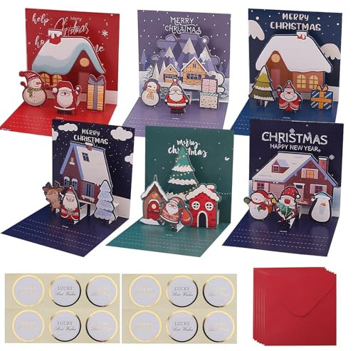 POPOYU 6 Stück Weihnachtskarten mit Umschlag Aufklebern Set, Klappkarten Weihnachtsgrußkarten Kraftpapier Karten Postkarten für Weihnachten, 3D Pop Up Grußkarte für Familie Freunde Weihnachtsgrüße