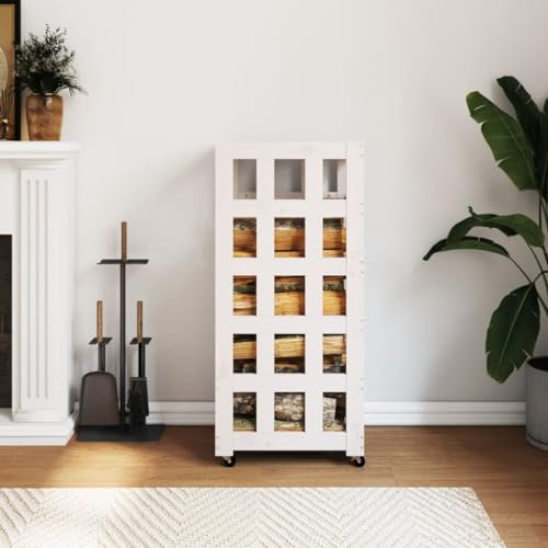 ShGaxin Kaminholzregal mit Rollen Weiß 40x49x110 cm Massivholz Kiefer, Holzunterstand, Holzstapelhilfe, Aufbewahrung Holz, Holzregal, Brennholzregal Außen, Kaminholz Aufbewahrung - 832328
