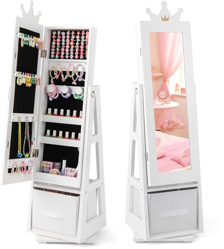 COSTWAY Armadietto Portagioie per Bambini 3+ Anni a Tema di Corona, Bianco | Specchio a Figura Intera a Forma di Corona con Ganci, Ripiani, Base Girevole a 360°e Cassetto in Tessuto