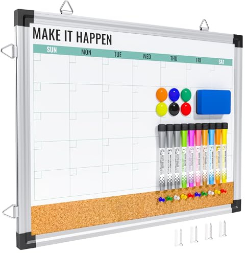 Marsrock Monatskalender-Whiteboard und Korktafel für die Wand, 43,2 x 33 cm, wendbar, trocken abwischbar, doppelseitiges Whiteboard mit Aluminiumrahmen für Planung, Büro, Küche, Schule, Zuhause