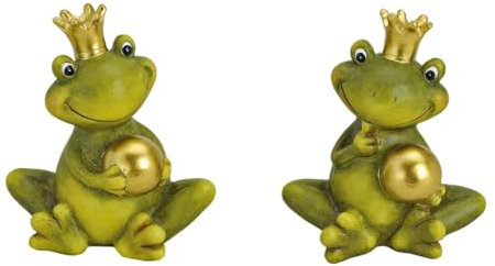 2er Set Frosch Deko Gartendeko Froschkönig mit Goldener Kugel Keramik, 2-Fach Sortiert, 15 cm