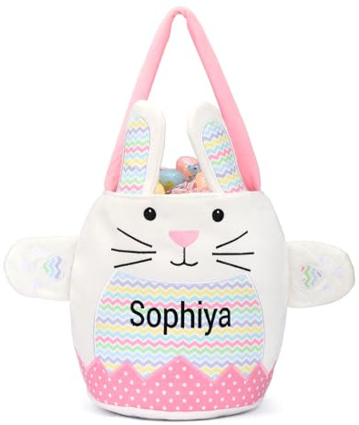 Osterkorb Personalisiert Kinder mit Namen - Ostern Geschenk Ostertüten zum Befüllen - Bestickter Osterhasen-Korb für Jungen und Mädchen (Rosa)
