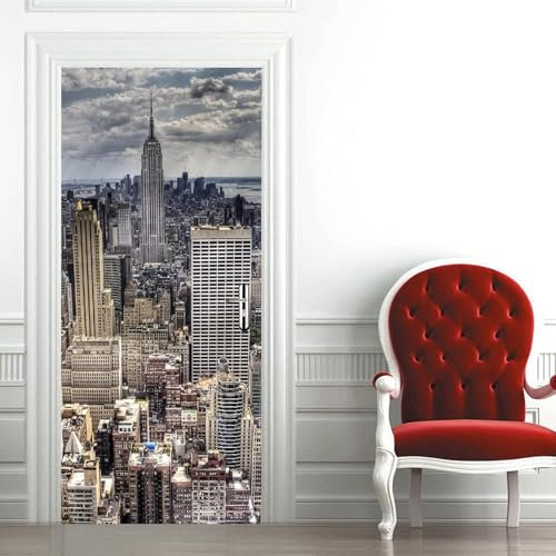 Adesivi per Porte New York Adesivo Porta Interna Paesaggio Urbano 3D Pellicola Adesiva Carta da Parati Soggiorno Bagno Autoadesivo Porta Murale Decorazione 77x200 cm M2732
