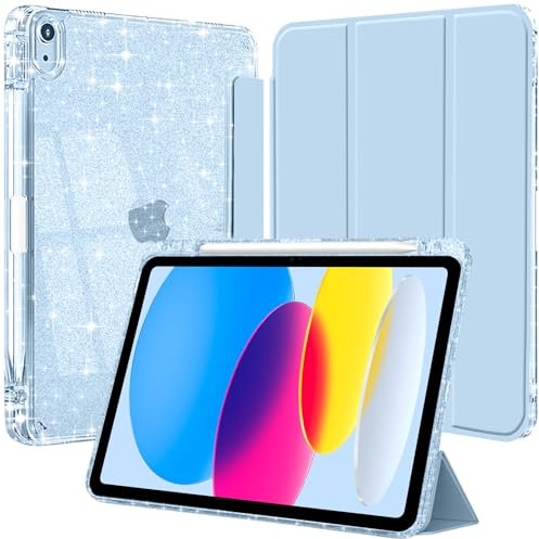 Custodia per iPad (A16) 11ª Generazione 11 Pollici 2025/ iPad 10ª Generazione 2022 con Portapenne, Antiurto Glittering Trasparente Cover Posteriore con Auto Sveglia/Sonno, Azzurro
