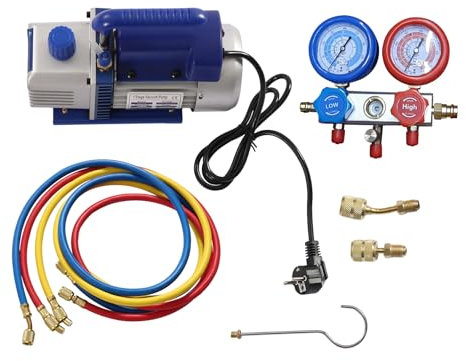 Treeisland 2,5 CFM - Bomba de vacío para coche, 1/4 HP, bomba de vacío de 4 vías, aire acondicionado, kit de manómetro para R134a R410A