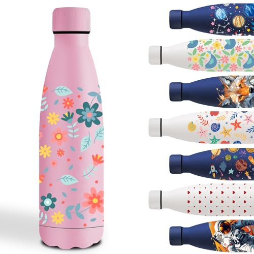 Gourde, 500ml Gourde Isotherme, Gourde Personnalisée avec des Fleur, Facile à Nettoyer, Gourde Enfant Sans BPA, Facile à Transporter, Bouteille d'eau pour École, Bureau, Voyage, Sports, Running, Rose