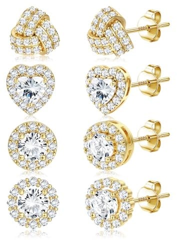 Dochais 4 Paar Ohrstecker Silber 925 Ohrstift Herren Damen Hypoallergene Cubic Zirkonia Ohrstecker Ohrringe Stecker 14K Vergoldet Runder Quadrat Ohrringe Set für Frauen Männer Schnuck
