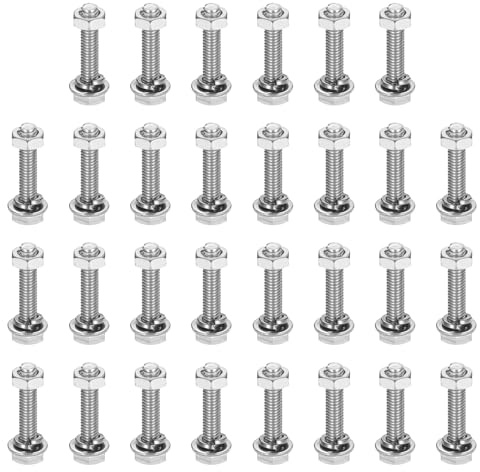 sourcing map M4 x 20 mm 304 Edelstahl Sechskantschrauben Schrauben Muttern Flach- und Sicherungsscheiben Sortiment Kit Vollgewinde helle Oberfläche für Zuhause, Elektronik, Maschine, 30 Sets