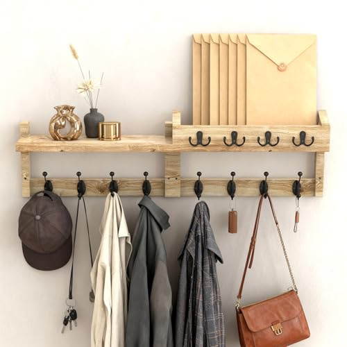 WoRaum Wandgarderobe Holz – Garderobenleiste mit 8 Kleiderhaken & 4 Schlüsselhaken, Wandmontage Jackenhalter, Minimalistisch für Schlafzimmer & Flur (Braun,B01)