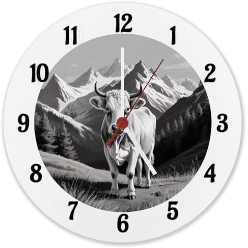 speecheese Kuh in den Bergen Wanduhr aus Alu für Tier-Fans rustikale Dekoration für Büro oder Wohnzimmer