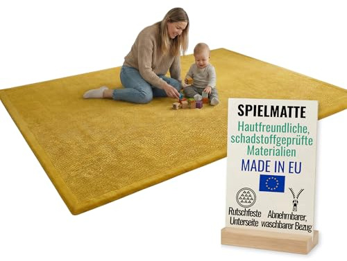 Pillows24 Spielmatte Baby 150x200cm 3cm dick, Abnehmbarer Bezug, rutschfest | Made in EU, aus Cordsstoff, rutschfeste Unterseite, Krabbelmatte Baby als Kinderteppich, Teppich für Kinderzimmer, Gelb