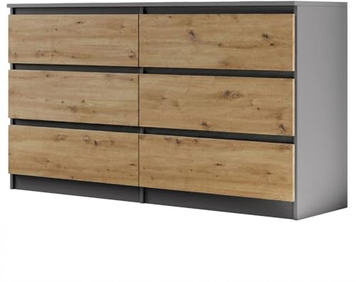 BEAUTY SOFA Lemon Schubladenkommode 140 cm, 6 Schubladen, Eiche Artisan | Anthrazit in Holzoptik, geräumiges Sideboard für Schlaf- und Wohnbereich