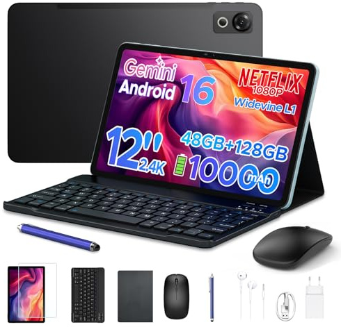 Luzglo P12 Android 16 Tablet 12 Pollici, T7280 Octa-Core, 48GB RAM+128GB ROM/2TB TF, IPS 2.4K Display 120 Hz, 10000 mAh,WiFi5, 8MP+13MP,Gemini AI, Tablet con Tastiera, Face ID/GPS/OTG/FM, Nero