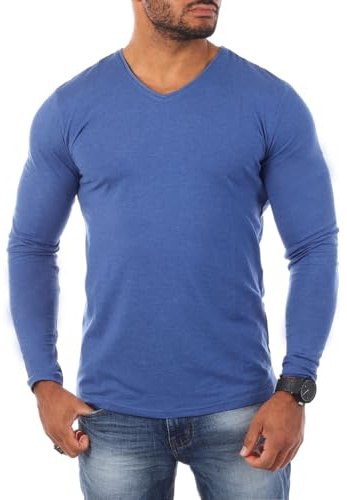 Young & Rich Herren Uni Longsleeve v-Neck Basic Tee Langarm Shirt einfarbig V-Ausschnitt Slimfit mit Stretchanteilen 2001
