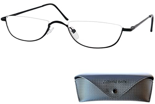 Mini Brille Halb Rund Metall Lesebrille Halbbrille, Gratis Etui und Brillenputztuch, Edelstahl Rahmen (Schwarz) mit Federscharnier, Lesehilfe Damen und Herren +1.0 Dioptrien