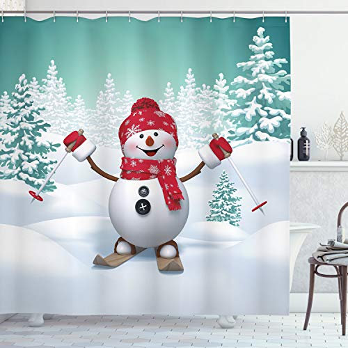 ABAKUHAUS Weihnachten Duschvorhang, Skifahren-Schneemann-Bäume, Stoffliches Gewebe Badezimmerdekorationsset mit Haken, 175 x 200 cm, Teal Rot Weiß