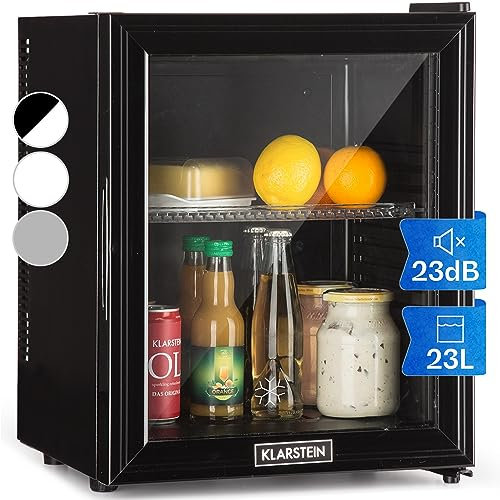 KLARSTEIN Brooklyn Mini Fridge for Bedrooms - Food & Drinks Cooler, Glass Door, Adjustable Shelves, Quiet & Small Fridge For Home, Office, Camping, 24L