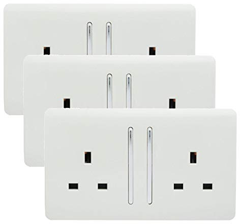Trendi 2 Gang Artistic Modern Glossy 13 Amp Switched Tactile Plug Socket White (3 Pack)