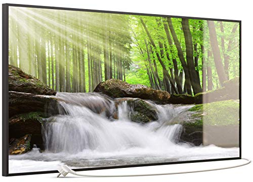 Wandheizung Glas Bild Infrarotheizung mit Thermostat viele Motive 350-1200 Watt Rahmen schwarz (750 Watt, 065 Wasserfall Wald)