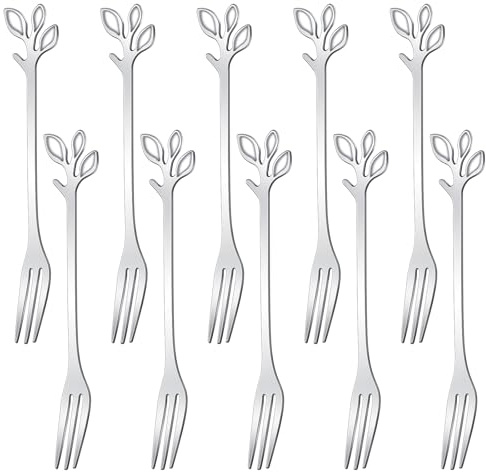 AnSaw 10-Piece Silver Leaf Dessert Forks Set - 4.7 Mini Cocktail Forks | Stainless Steel Forks,Appetizer Forks,Fruit Forks,Cake Forks,Salad Forks,Small Fork,Parties & Home Use