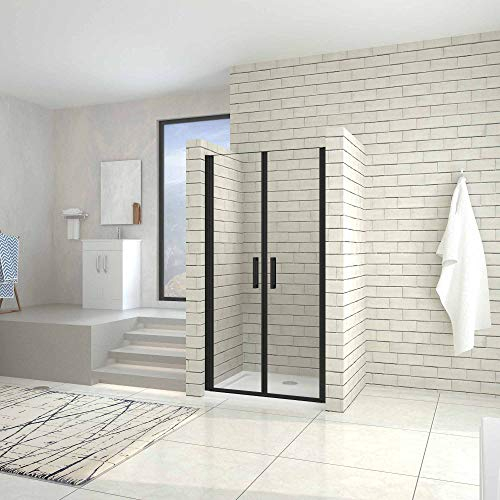 Box Doccia Per Nicchia con Telaio Nero Opaco Doppie Porte Apertura a Saloon Vetro da 8 mm Temperato Easyclean 90x200 cm