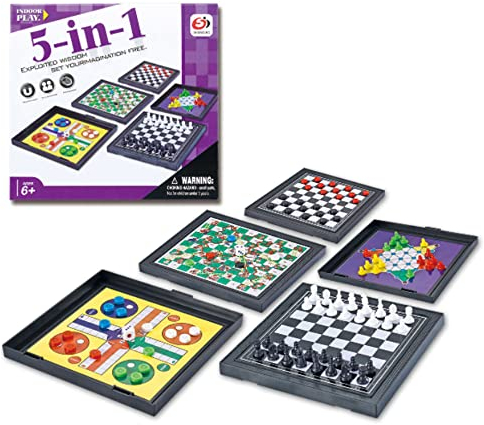 DZOZO 5 in 1 Chess Game Board Set Board Game Portable Travel Board Game Mini Magnetic Chess Game Chess board Flying Chess Checker Snake Chess Draughts Ladders Checker Educational Toy for Kids 6+