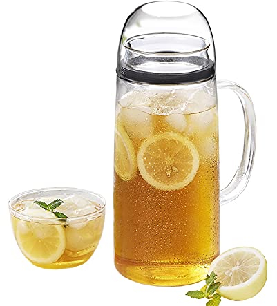 FBWSM Großer Glaskrug Mit Griff Und Deckel, Glas-Kaltwasserkocher,Versiegelte Karaffe Mit Silikon-Dichtring Für Milch, Saft, Hausgemachte Getränke-2L