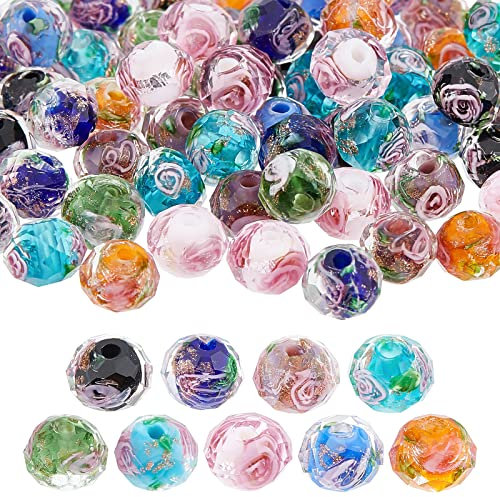 OLYCRAFT 90 pièces Perles de Travail au Chalumeau de Sable Doré à la Main Perles de Fleurs Intérieures à Facettes Perles de Rondelle pour la Fabrication de Bijoux 8x6mm Couleur Mélangée