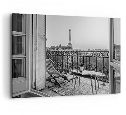 Wandbilder Dekoration Wohnzimmer Schwarzweiß Paris Balkon Bilder auf Leinwand 120x80cm Leinwandbild Schlafzimmer Küche Deko Wand Kunstdruck Art Groß XXL Wanddeko Bild Wall Decor Canvas AA120x80-4595