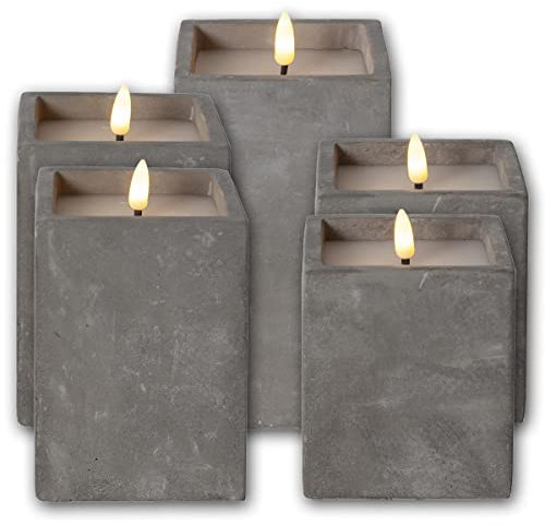 Star Trading 5 LED Stumpenkerzen Beton Quader mit Timer, verschiedene Höhen, quadratisch, batteriebetrieben, Beton-Optik, Flackereffekt