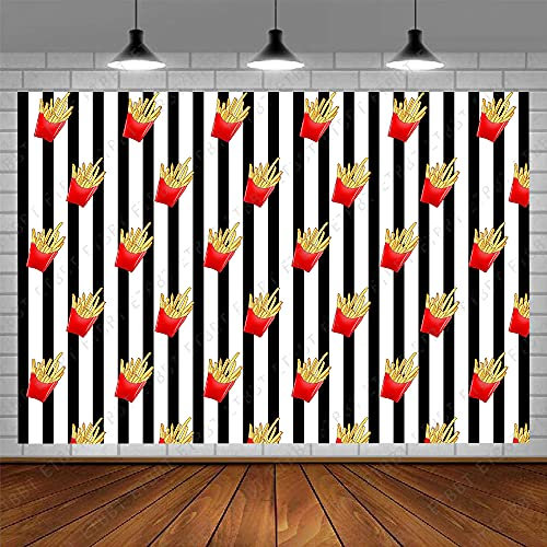 EMDSPR 7x5FT French Fries Backdrop Funny Fried Junk Food Snack Picnic Party Photography Background Black and White Stripes Party Decor Banner Photo Studio Props Vinyl BJRLPR109