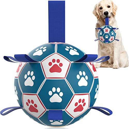 HETOO Interactive Dog Football Toys with Grab Tabs, Durable Dog Water Balls for Small Medium Breed, Indoor & Outdoor Blue White (8 Inch)