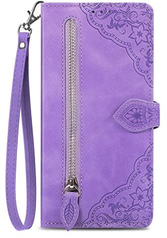 NEXCURIO Zip Wallet Case Compatible with Apple iPhone 14 Plus Phone Case Wallet with Credit Card Holder Strap Stand Women Leather Flip Case Floral Folding Cover Shockproof - Purple