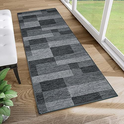 TAPISO Anti Rutsch Teppich Läufer rutschfest Brücke Meterware Modern Bsalt Dunkelgrau Viereck Geometrisch Design Flur Küche Wohnzimmer Diele 100 x 250 cm
