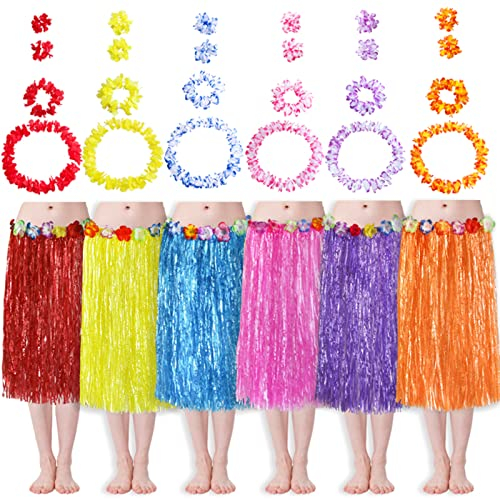 HBell 6 Set 30 Stück hawaiianische Grasröcke und hawaiianische Girlanden,hawaiianische Leis-Armband,Stirnband,Kostüm,Verkleidung,für Kinder und Erwachsene,Sommer,Strand,tropische Party-Dekorationen