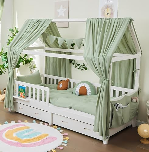 ALAVYA HOME® Hausbett 90x200 cm mit Matratze und Schubladen, Rausfallschutz und Lattenrost | Kinderbett 90x200 für Mädchen und Jungen Massivholz der Buche FSC zertifizierter Montessori Bett - Weiß