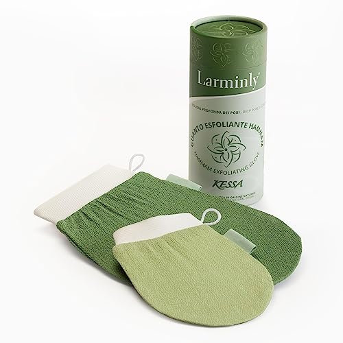 Larminly Guanto Esfoliante Corpo Kessa Hammam viscosa 100%, set 2 pezzi scrub corpo 150D rugosità media e peeling viso 120D rugosità delicata aiuta a contrastare acne, punti neri e cellulite