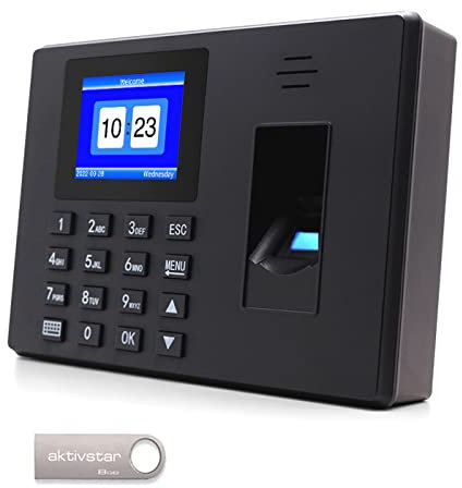 Aktivstar Control Horario Empleados, Máquina de Fichar con Pantalla LCD, Memoria USB de 8GB, Máquina de Asistencia Biométrica con Capacidad de 1000 Huellas, Sistema Española