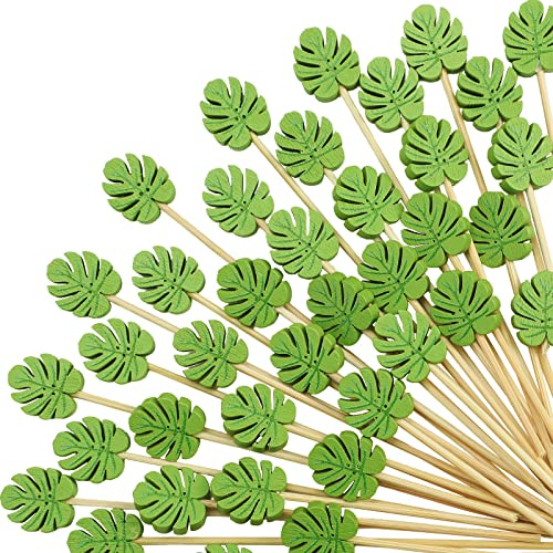 WILLBOND 200 plettri da cocktail tropicali con foglie di monstera fatti a mano in bambù stuzzicadenti da 10,7 cm per bevande, spiedini, cactus, decorazioni per feste, cactus, stuzzicadenti da cowboy