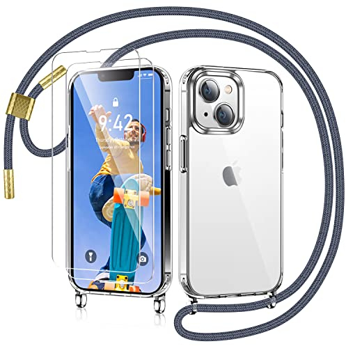 AROYI Handykette für iPhone 14 Hülle mit Band Und 2 Stück Schutzfolie, Transparent Ultra Hybrid Handyhülle für iPhone 14 mit Kette zum Umhängeband Abnehmbar Stossfest Hülle - Grau