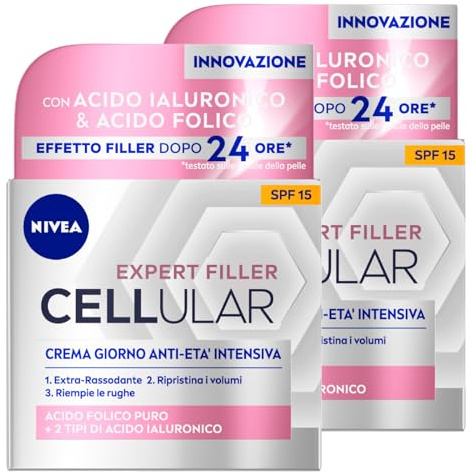 Nivea Hyaluron Cellular Filler Anti-Aging Tagescreme straffend straffend feuchtigkeitsspendend Anti-Falten Formel SPF15 mit Hyaluronsäure und Folsäure Intensivwirkung - 2 Dosen à 50 ml
