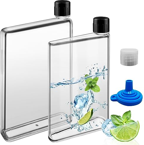 SDwfxd 2 Stk A5 Wasserflasche 750/420Ml Flache Trinkflasche mit Silikontrichter Flat Water Bottle für Zuhause Büro Outdoor Camping Wandern und Schultasche Rucksäcke