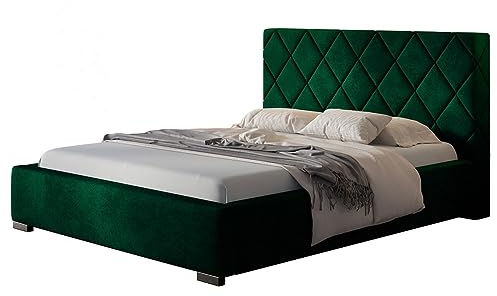 AlpiMeble Polsterbett Málaga mit Kopfteil, 140x200 cm, Doppelbett mit Bettkasten und Lattenrost aus Holz, Velourstoff Grün