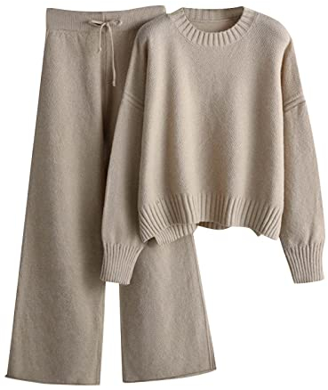 Generic Damen 2 Teiliges Strickanzug Stricken Pulli und Weites Bein Lang Hose Anzug Freizeit Zweiteiler Casual Solide Rundhals Strick Sweater Pullover Hosen Set Freizeitanzug Khaki Einheitsgröße