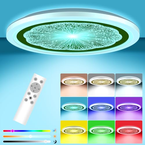MILFECH 24W LED Deckenleuchte Dimmbar mit Fernbedienung, LED Deckenlampe Flach 6 RGB Farbwechsel 3200LM IP54 Rund für Schlafzimmer Kinderzimmer Küche Wohnzimmer, 3000K-6000K Rund Spiegel Muster (Gold)
